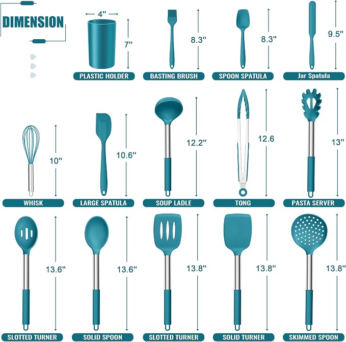 E-far 14 Pieces Silicone Cooking Utensils Set, Kitchen Utensils Set with Holder, Spatula, Ladle, Spoon, Tong, Slotted Turner for Nonstick Cookware, 446°F Heat Resistant & Stainless Steel Handle, Blue