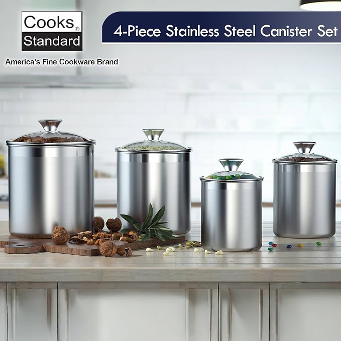 Cooks Standard Large Airtight Kitchen Canister Set for Coffee, Flour & Sugar Storage – 18/10 Stainless Steel Food Storage Containers with Glass Lid – Pantry Organization Jars, 4 Pack (5 Qt to 1.6 Qt)