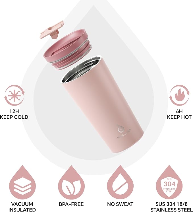 Ideus 17 oz Travel Coffee Mug, Double Wall Vacuum Stainless Steel Insulated Coffee Tumbler With Lid, Splash-Proof & Cup Holder Friendly, Keeps Drinks Hot/Cold, Dishwasher Safe, Blush
