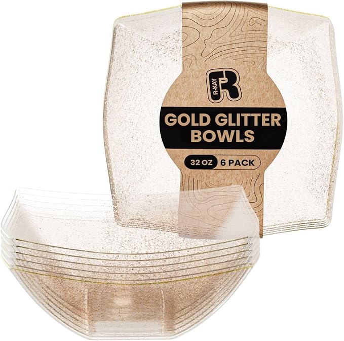 R-kay 6 Pack Gold Glitter Plastic Serving Bowls - 32 Oz Gold Plastic bowls - Salad Bowls Large Serving, Premium Duty For Weddings Catering And Birthday parties