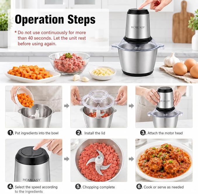 HOMEASY Electric Food Chopper, 2L Stainless Steel Meat Grinder, 4 Blades | Electric food chopper with 2L stainless steel bowl and 4 blades for meat, veggies, fruit and nuts