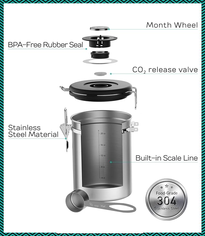 Coffee Gator Coffee Canister, 22oz Airtight Stainless Steel Container | w/ Date Tracker, Scoop,Valve, Kitchen Food Storage Jars for Beans,Ground, Rice, Tea, Sugar, Cookie, Bar Accessories, Silver