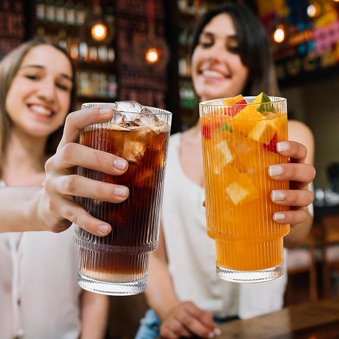 Ribbed Drinking Glasses Set of 4, Stackable Glass Cups with 2 Tall 16 oz Highball Glasses and 2 Short 7 oz Tumblers for Iced Coffee, Water, Cocktails and Whiskey