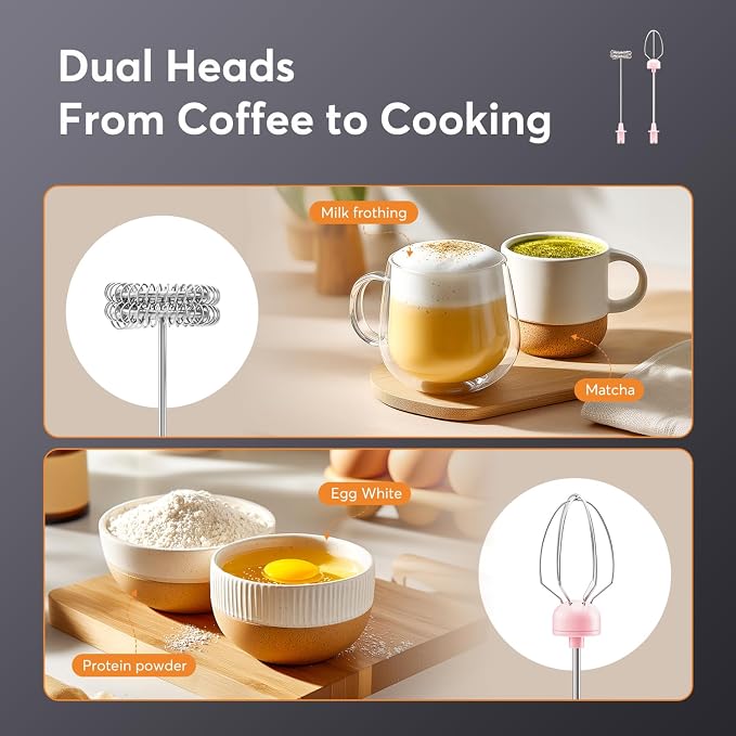 MF02 Rechargeable Milk Frother Handheld Foam Maker with Stainless Whisk for Cappuccino, Latte, Bulletproof Coffee, Keto Diet, Protein Powder, Matcha (Coral Pink)