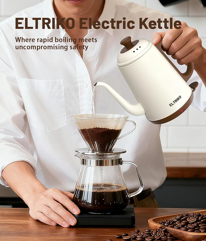 1L Gooseneck Electric Kettle for Pour Over Coffee & Tea | 1000W Fast Heating, Food-Grade Stainless Steel, Auto Shut-Off & Boil-Dry Protection, BPA-Free, White