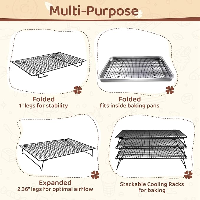 3 Tier 17" x 11" Cooling Rack for Cooking and Baking w/100 Papers | Drying Baking Rack for Baking Sheet, Stackable Cookie Cooling Rack for Pizza, Bread, Cake, Veggie, Jerky