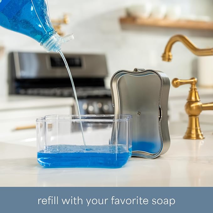 S&T INC. Dish Soap Dispenser and Sponge Holder, Metallic Silver | Holds 13 Fluid Ounces, Sponge Included, Anti-Slid Feet, Push to Dispense Perfect Amount of Dish Soap