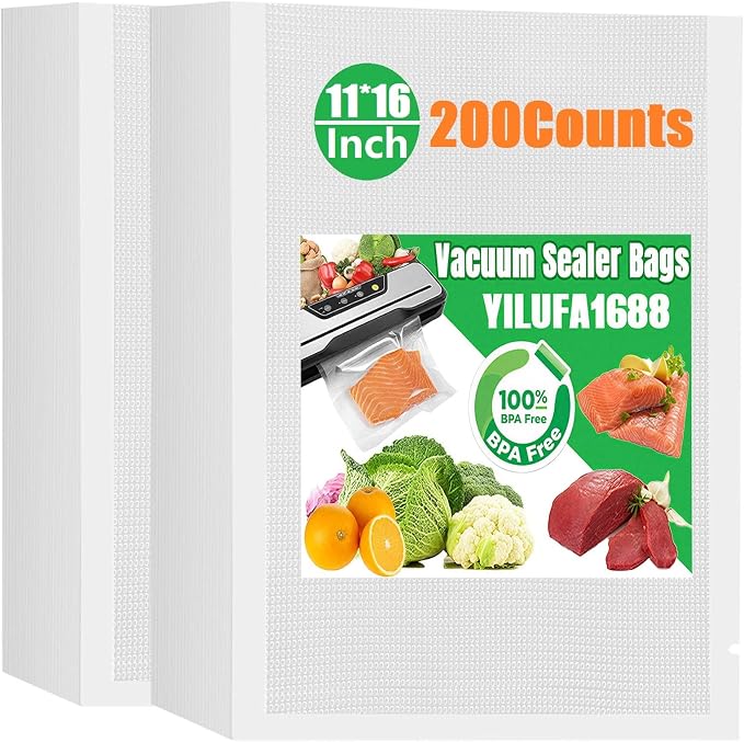 Gallon Vacuum Sealer Bags 200 Pack, 11"x16" Vacuum Seal Bags, 7.5Mil Thick & BPA-Free, Puncture Resistant Airtight Freezer Bags Compatible with All Clamp Vacuum Sealers for Sous Vide Cooking