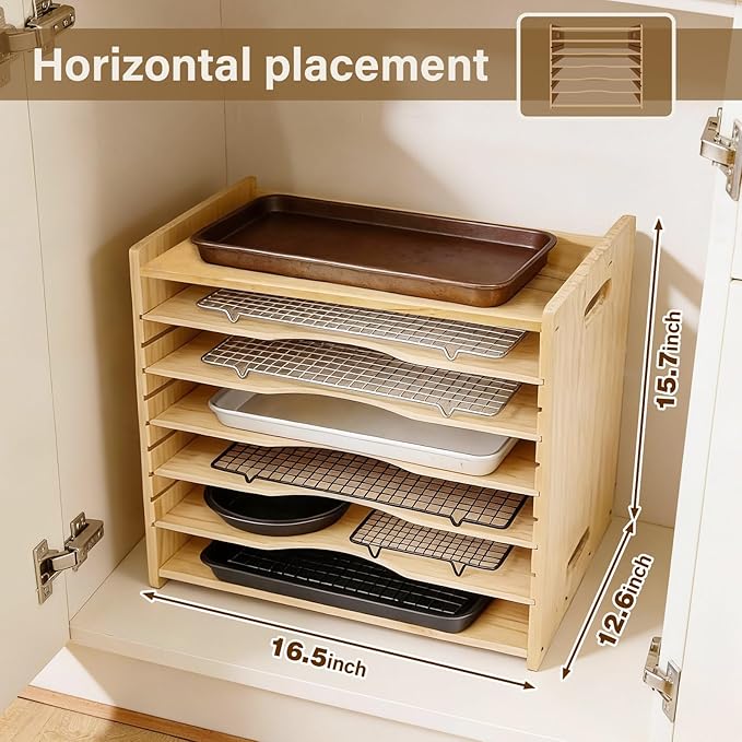 6 Tier Wooden Tray Dividers for Cabinets, Cookie Sheet Organizer 15.7" W x 16.5" H x 12.6" D Baking Sheets, Pans and Cutting Boards Organizer for Kitchen Cabinets or Countertop