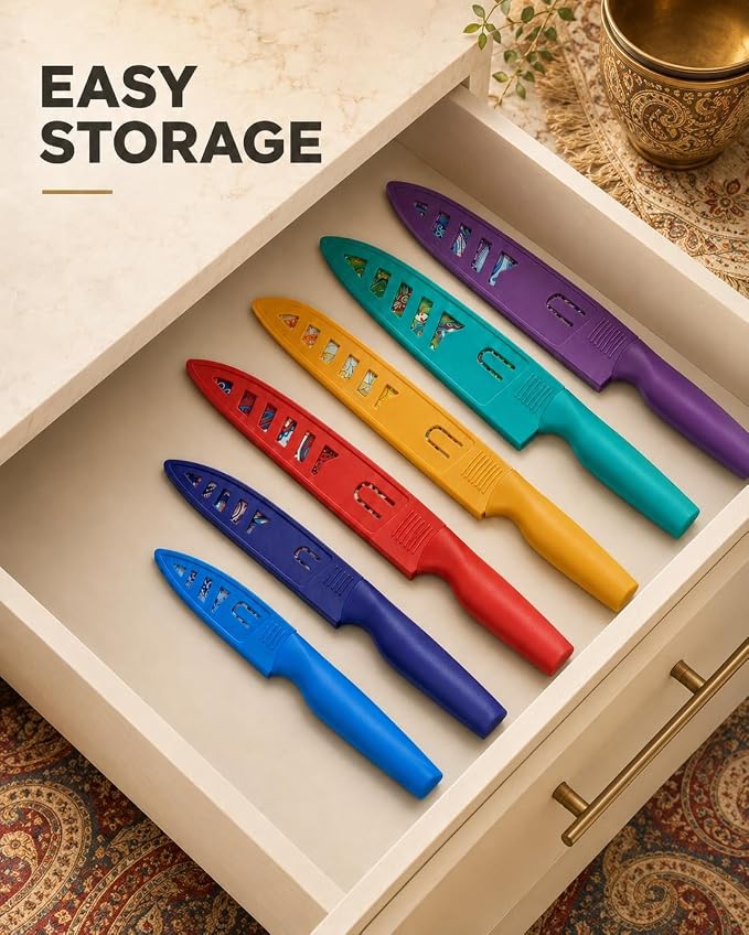 Astercook Paisley Pattern Knife Set with Cover | Dishwasher Safe, 6 Knife Sheath, German Stainless Steel, Rainbow Colorful Design