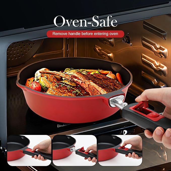 10 Inch Deep Frying Pan Skillet with Lid, Saute Pan Nonstick, Red | Detachable Handle, Suitable for All Stoves, Including Induction, PTFE & PFAS & PFOA Free, Oven Safe