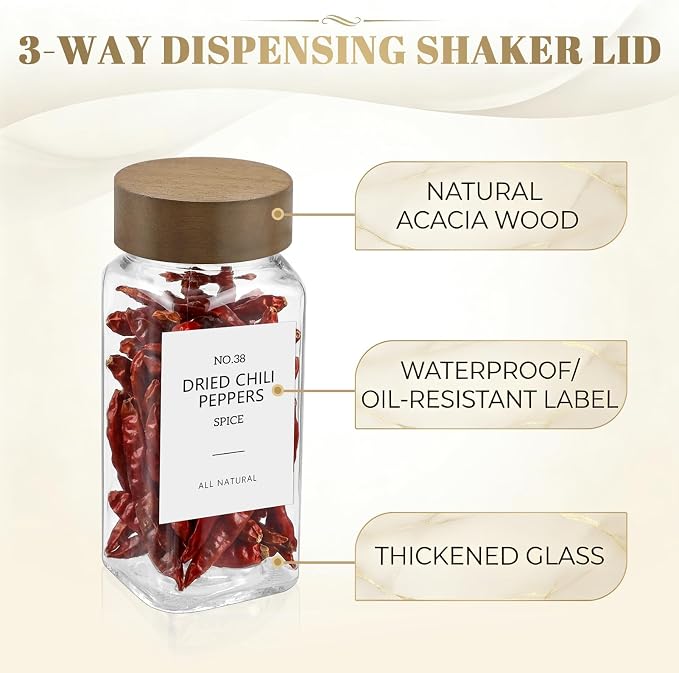 ZEHIQ 48Pcs 4oz Square Glass Spice Jars with Labels and Acacia Wood Lids | Food-Grade Seasoning Containers, Moisture-Proof, Shaker Lids, 348 Labels, Markers, Funnel, Brush, for Cabinet Drawer