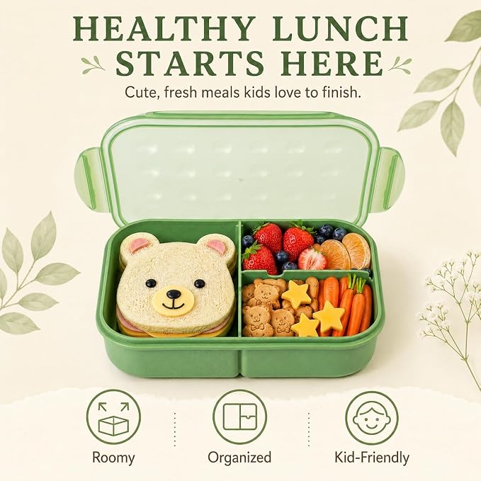 MISS BIG® Bento Lunch Box for Kids, 1150ml, 3 Compartments, Matcha Green | Matcha green kids bento lunch box for school meals, daycare snacks, light lunch, picnic, and travel.