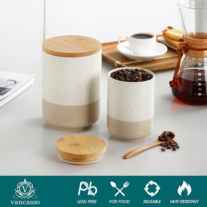 vancasso Sabine Ceramic Canister with Airtight Wood Lid - 36 oz Kitchen Storage Container for Coffee, Tea, Sugar, Nuts & Spices - Medium Countertop Jar