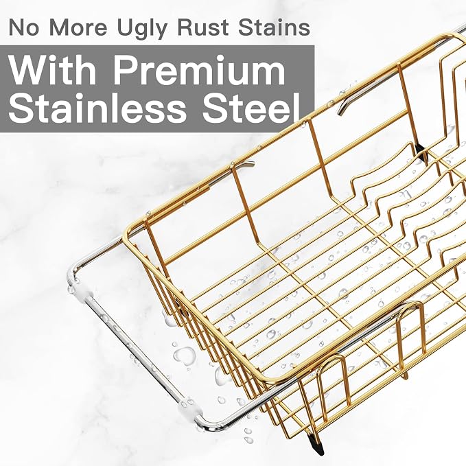 Gold Dish Drying Rack Over Sink with Utensil Holder, Drainboard | Expandable Stainless Steel Dish Drainer for Small Kitchen, Apartment, RV, Counter Space Saving, Perfect Fit, Rustproof