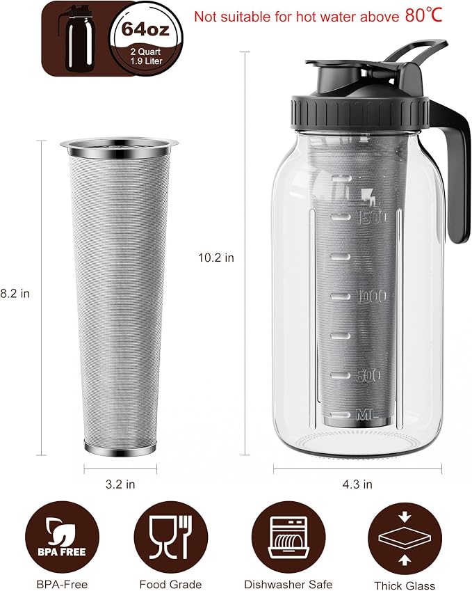 64 oz Cold Brew Coffee Maker, Mason Jar Pitcher with 304 SS Filter | 100μm Fine Mesh, Stainless Steel Filter, Airtight, Leakproof, Pour Flip Spout, Ergonomic Handle, Wide Mouth, Heavy-Duty Glass