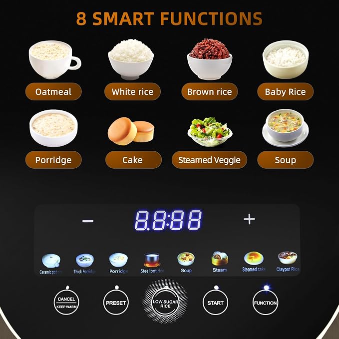 Rice Cooker 4L Low Carb with Nonstick Stainless Steel Inner Pot, 8-Cup LED Display Rice Maker, 24-Hr Delay Timer & 8-Hr Keep for White Rice/Porridge