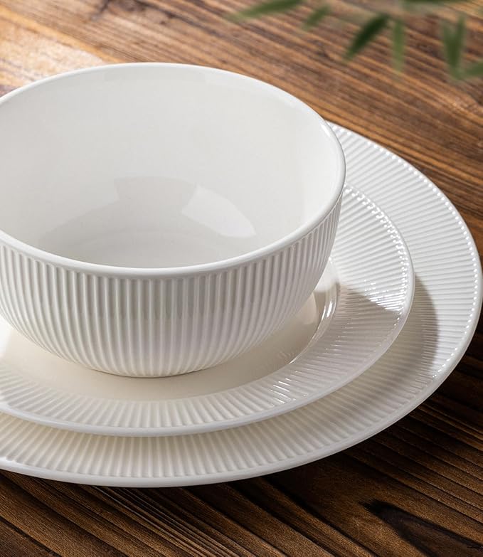 Ceramic Dinnerware Set for 4, 12-Piece Plates and Bowls Set | Lightweight Porcelain Dish Set, Scratch Resistant, Oven & Microwave & Dishwasher Safe, Bright White