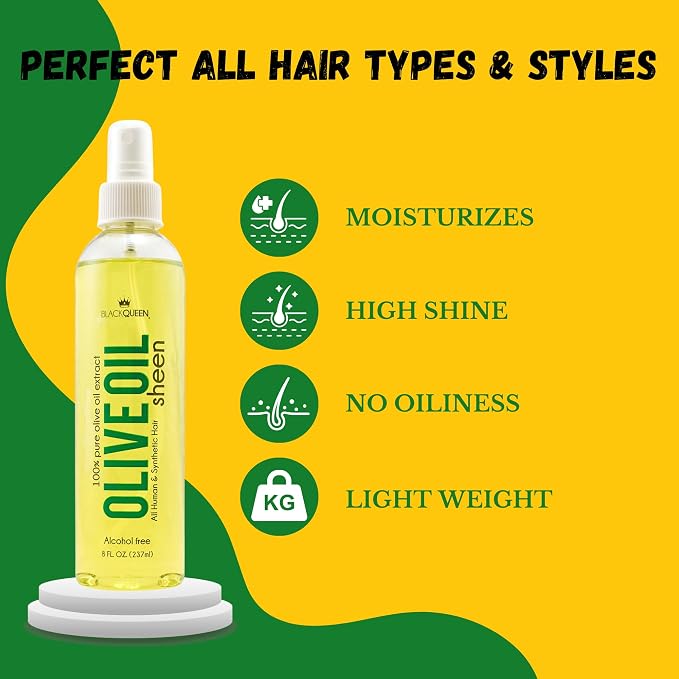 Black Queen® Olive Oil Moisturizing Spray for Locs, Braids, 4C Hair & Twists – Lightweight Hair Oil for Protective Styles – Shine, Frizz Control, Non-Greasy & Flake-Free – Made in USA – 8 oz