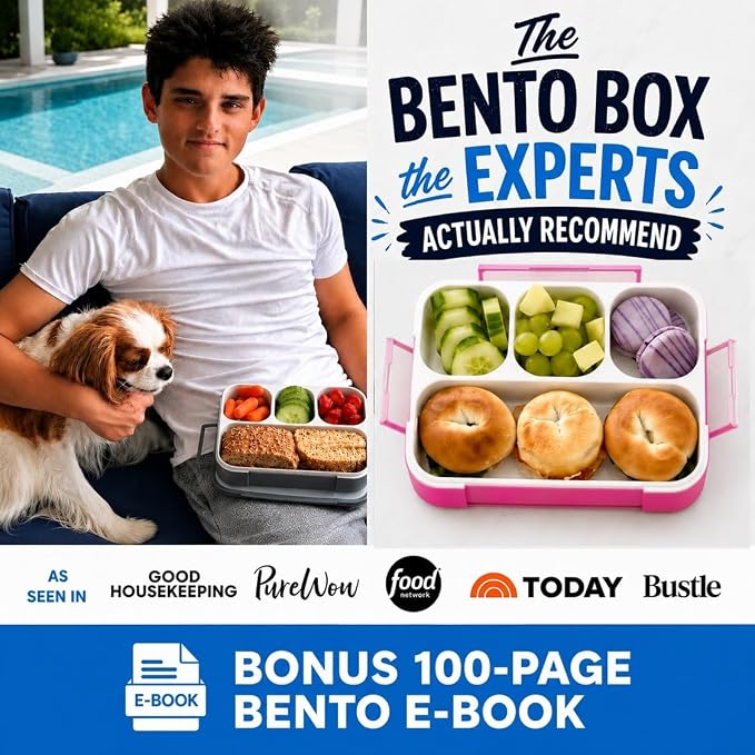 kinsho Bento Lunch Box for Kids Adults, 4 Sealed Divided Compartments, Portion Control Meal or Snack Containers for Boys Girls Women Men, School Work BPA Free with Utensils, Blue + Rose Pink 2 Pack