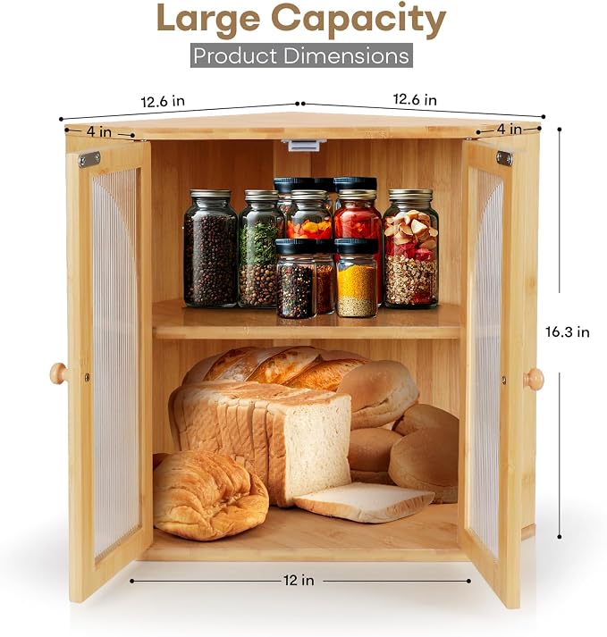 Corner Bread Box for Kitchen Countertop,Double Layer Bread Holder | 3 Adjustable Height, Large Capacity, Magnetic Acrylic Door, Bamboo Bread Storage Container for Homemade Bread, Natural