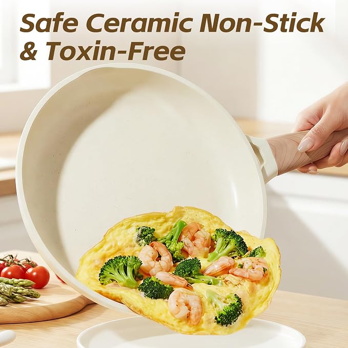 UESLUCK 12 Inch Creamic Non Stick Frying Pan With Lid- Large Creamic Skillet With lid, Omlet Pan Non Stick With Cool-Touch Handle, PFAS & PTFE Free, Compatible with All Stovetops