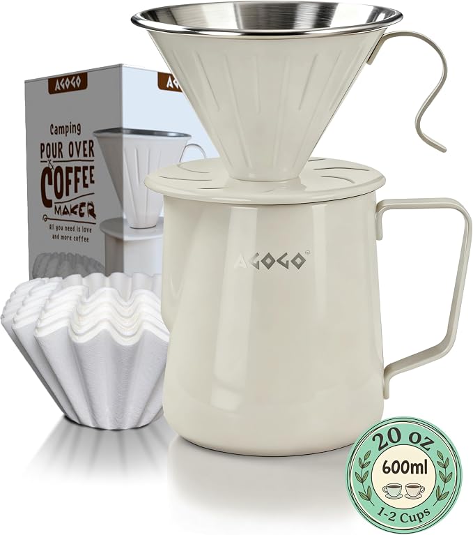 AGOGO Stainless Pour Over Coffee Maker Set, 50 Paper Filters, 20oz, Cream | Unbreakable carafe for kitchen RV camp and office, includes barista towel, lead-free food grade 304 stainless steel