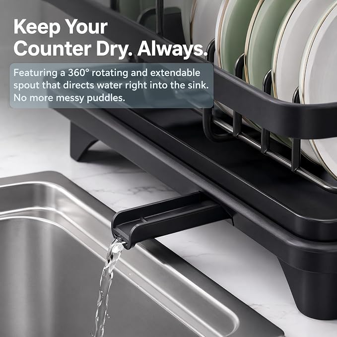 Dish Drying Rack, 2 Tier Space-Saving Dish Rack for Kitchen Counter, Dish Drainer Stainless Steel Rustproof with Drainboard, Utensil Holder