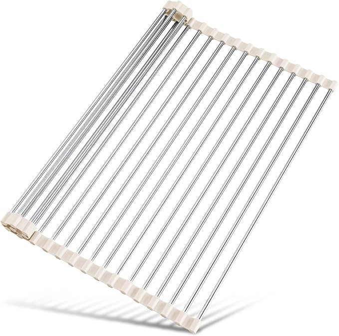 Tomorotec Roll Up Dish Drying Rack Over Sink, 304 Steel, 17.7x12.5, White | Anti-Slip Silicone Rims For Grip, Heat-Resistant Trivet Mat Holding Heavy Cookware, Rustproof Kitchen Counter Space Saver