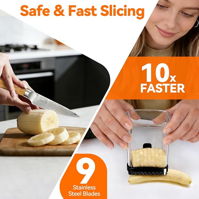 Fruit Slicer Cup for Strawberry, Banana, Hard-Boiled Egg - Detachable Cutter with Push Plate - 304 Stainless Steel Blade - Rapid & Safe Slicing Kitchen Gadget for Quick Meal Prep (Black)