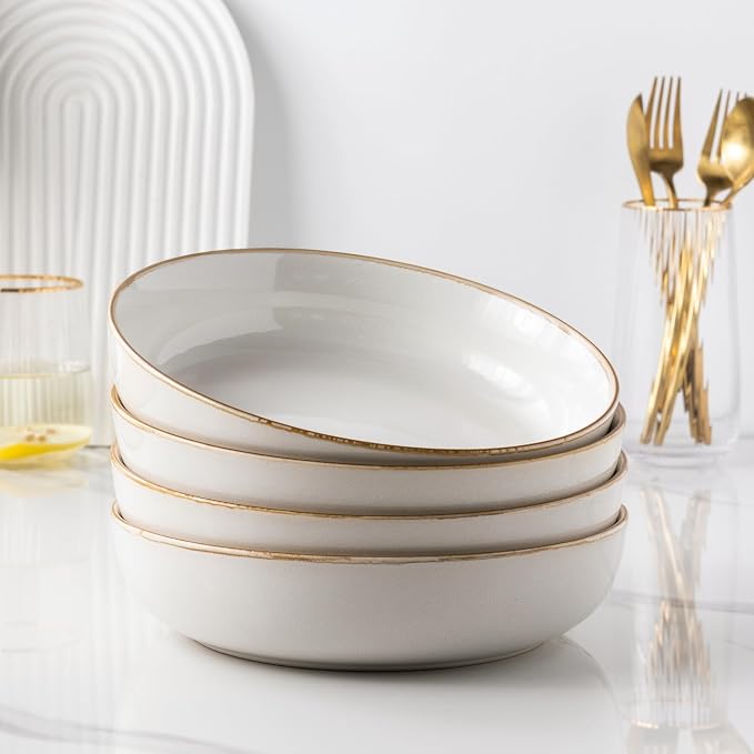 GBHOME 8.75'' Large Ceramic Pasta Bowls, 38oz Stoneware Pasta Serving Bowls Set of 4 for Kitchen, Wide Bowls for Fruit,Pasta,Salad,Oatmeal,Meal, Microwave Safe, Reactive Glaze-Pear White