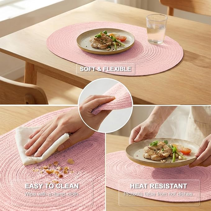 Placemats Set of 6, Woven Oval Braided Dining Table Mats(Blush Pink) | 12 x 17.5 Inch Size Fits Plates and Flatware; Hand Washable and Heat Resistant for Kitchen Use, with Farmhouse and Boho Style