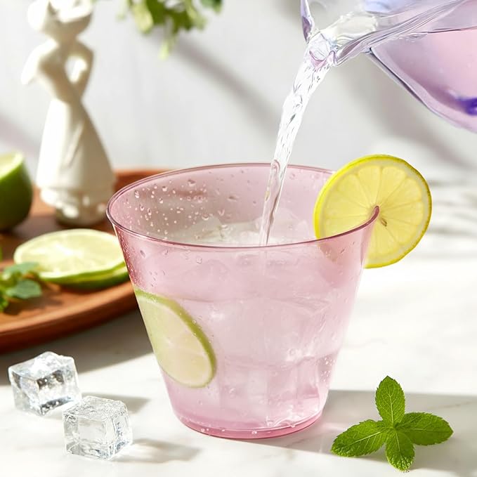 Glowserve 9 OZ Pink Disposable Plastic Cups Cocktail Cup 50 Pack | Fancy Cocktail Cup,Stemless Wine Glass,Wedding Wine Glasses,Graduation Birthday,World Cup,Party Essentials