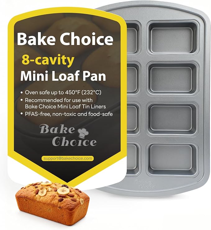 Bake Choice Mini Loaf Pan, 8-Cavity Non-Stick Carbon Steel Baking Pans Set | Baking Pan for Banana Bread, Cornbread, Cheesecake, Muffins, Pound Cake, Small Meatloaf, Bread Pan