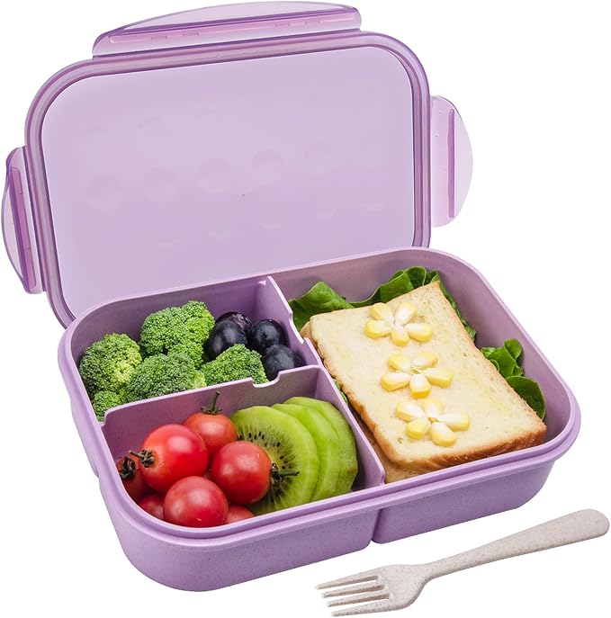 Itopor Bento Box for Kids & Adults, Lunch Box 46 oz / 1400ml, Lavender | Wheat straw material, BPA-free, leakproof, 3 compartments, microwave & dishwasher safe, for school, office & travel