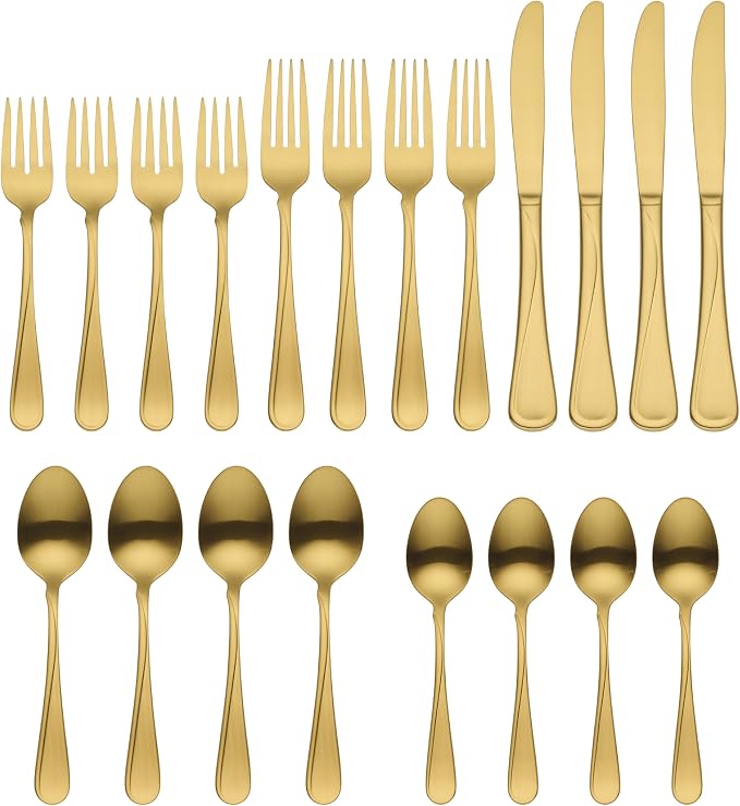 Oneida Flight Gold Satin 20-Piece 18/0 Silverware Set for 4, Flatware | satin finish, dishwasher safe | includes knives, forks, and spoons | heavy duty, cutlery set for kitchen and dining, utensils