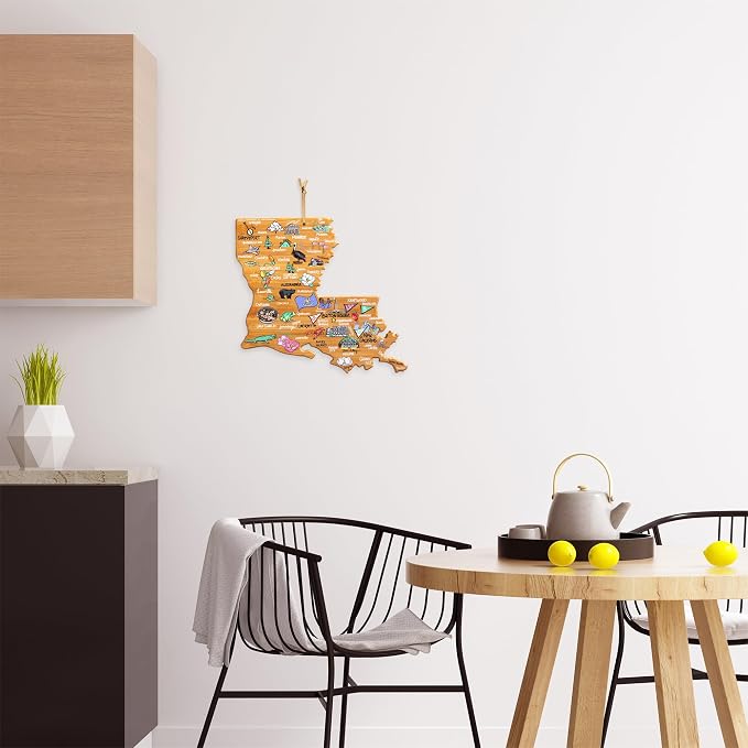 Totally Bamboo Louisiana State Shaped Cutting Board, Art by Fish Kiss | State charcuterie board with colorful hand-drawn map artwork. Smooth reverse side for food prep. Hang tie for wall display.