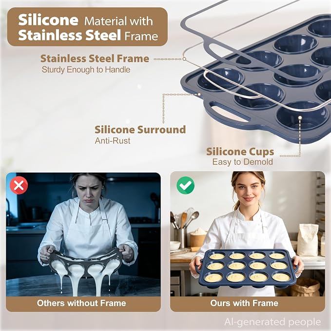 2 Pack Silicone Muffin Pan 12 & 24 with Frame Non Stick Cupcake Baking Tin | Silicone Mini Cupcake Pan with Handles, BPA Free Silicon Regular Muffin Tin Tray Small for Baking, Egg Bites Mold Vnray Grey