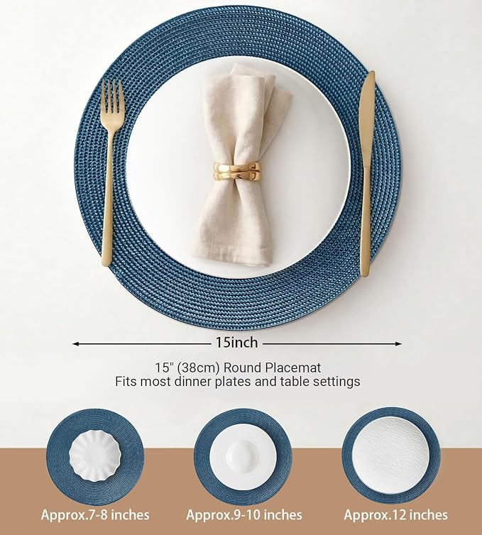 FunWheat Round Braided Placemats Set of 6 Table Mats for Dining Tables Woven Washable Non-Slip Place mats 15 in(Blue, 6pcs)