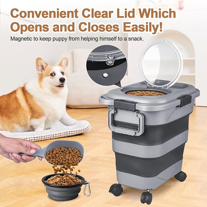 Dog Food Storage Container, 10-20 lbs Airtight Collapsible Cat Food Storage Container with Attachable Wheels, Portable Handle, Dog Food Scoop for Dog Cat Bird Pet Dry Food Storage Bin Dark Grey