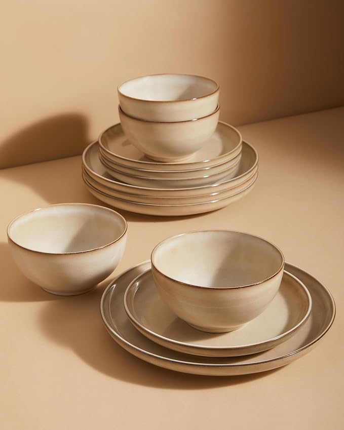 Stoneware Dinnerware Sets Service for 4, 12 pcs Reactive Glaze Plates and Bowls Sets, Handmade Ceramic Dish Set, Highly Chip and Crack Resistant Modern Plate Set, Mocha Beige