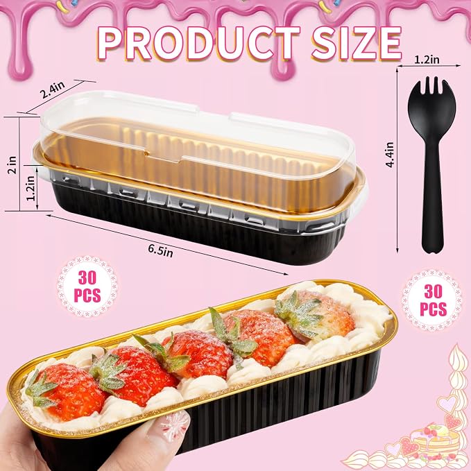 FNIU 30Pcs Mini Loaf Pans with Lids, Aluminum Foil Baking Pans, Rectangle Mini Cake Pans, Brownie Baking Cups for Wedding Birthday Party (Black Gold) | Brownie Baking Cups for Wedding Birthday Party (Black Gold)