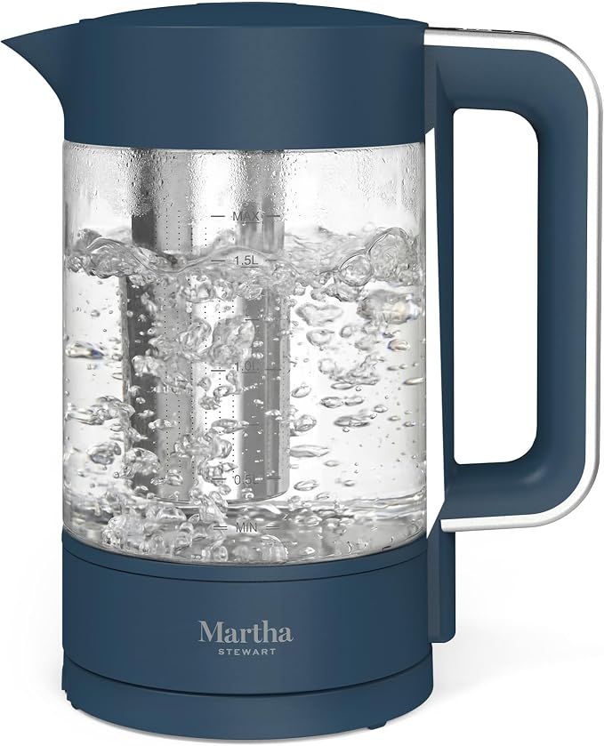 Martha Stewart 1.7L Glass Carafe Electric Kettle with Removable Tea Infuser | 7 Cups, 4 Presets, Rapid Boiling, Stainless Steel Tea Leaf Infuser, Cordless Swivel Base, Keep Warm, Auto Shut-Off, Indigo