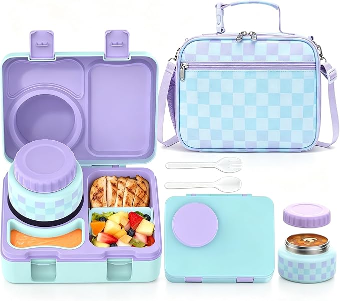 Bento Box for Kids, Leakproof Kids Lunch Box with 8.5OZ Thermo Food Jar & Lunch Bag, 3-4 Compartments Toddler Insulated Lunch Box for Girls, BPA Free Lunch Containers for School Daycare