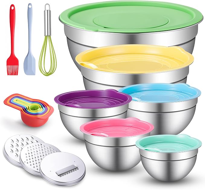 Stainless Steel Mixing Bowls with Lids Set, 3 Grater Inserts | 6 nesting stainless steel bowls, 0.7-4 QT, 6 lids, 3 grater inserts, measuring set, spatula and brush for prep and baking