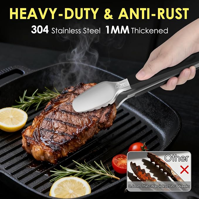 Hotec Stainless Steel Kitchen Tongs, Set of 2-9" and 12", Locking Metal Food Tongs for Cooking, Serving, BBQ, Grill Non-Slip Grip