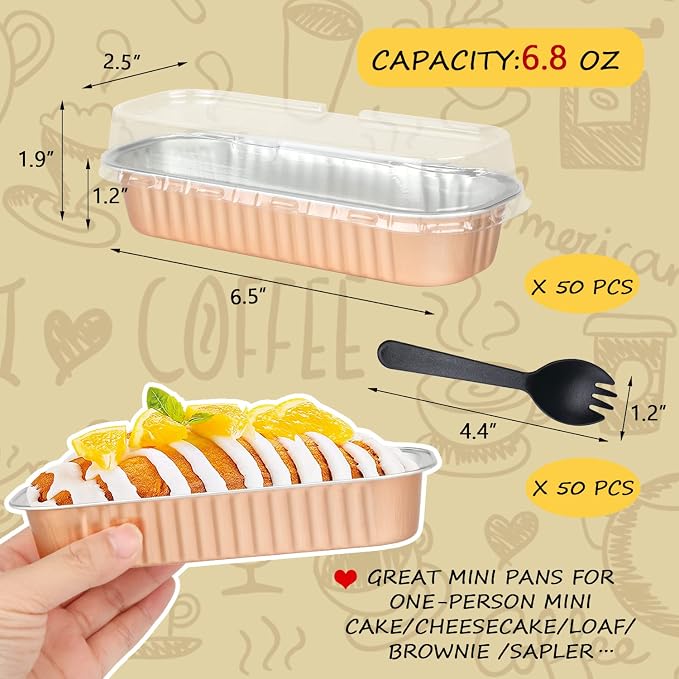 LNYZQUS Mini Loaf Cake Pans with Lids 50 Pack, 6.8oz Foil Baking Tins | Rectangle, Disposable Aluminum Dessert Cups, Individual Take-out Containers for Take Home Treats, Champagne
