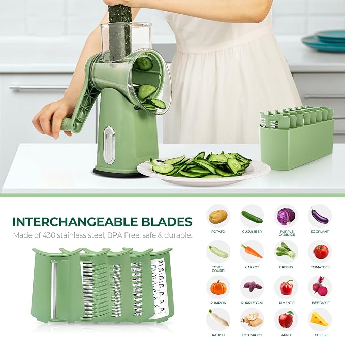 SUSTEAS Rotary Cheese Grater 5 Blades,Kitchen Mandoline Vegetable Slicer | Easy to Clean,Strong Suction Base,Blades Storage Box,Round Mandoline Slicer & Food Chopper for Cheese,Salad,Nut, Retro Green