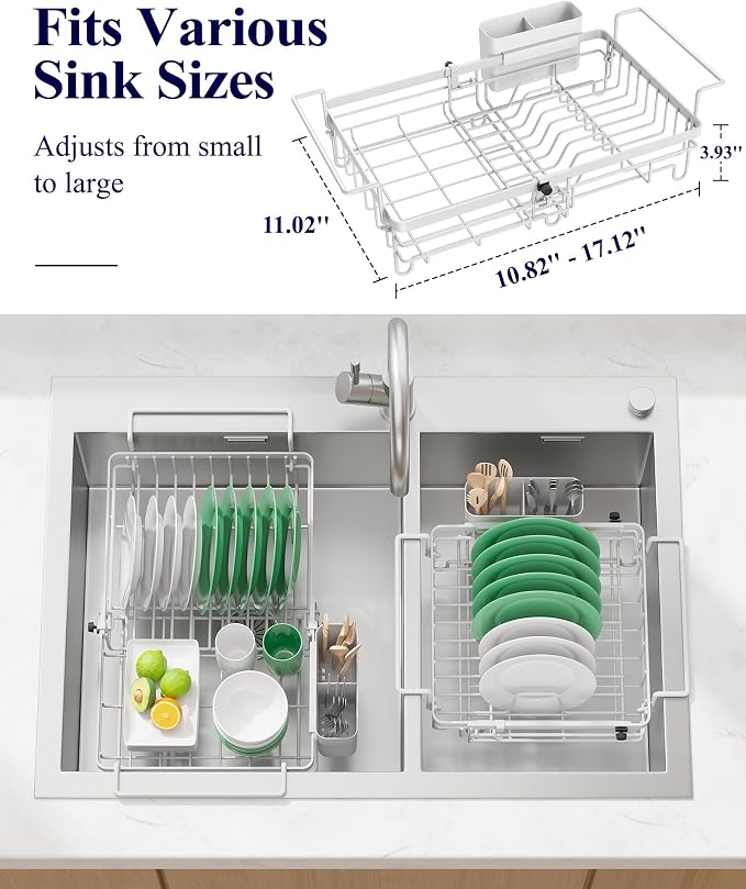 Kitsure Expandable in-Sink or Over-Sink Dish Drying Rack, Large, White | Rust-Resistant Dish Rack for Kitchen Counter, Dish Drainer with Cutlery Holder, 10.82"-17.12" L x 11.02" W x 3.93" H