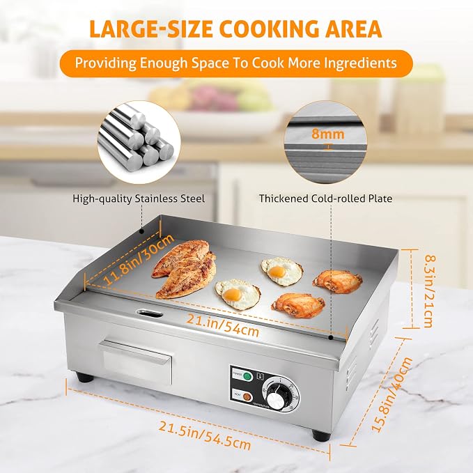 WICHEMI Commercial Electric Griddle Flat Top Grill Stainless 22'' 3000W | Heat Food Evenly, Large Cooking Surface, Cooking Temperature Adjustment, Collect Grease For Cleanup, Non-Stick, Easy to Clean